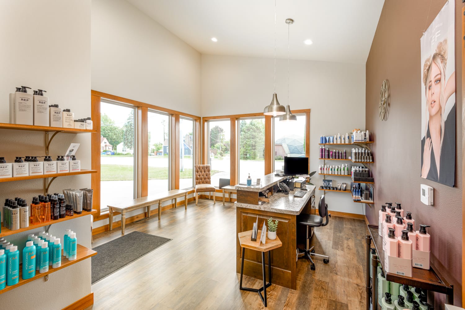 Reception area at Studio 360 showcasing contemporary Salon and Spa Design in Wisconsin