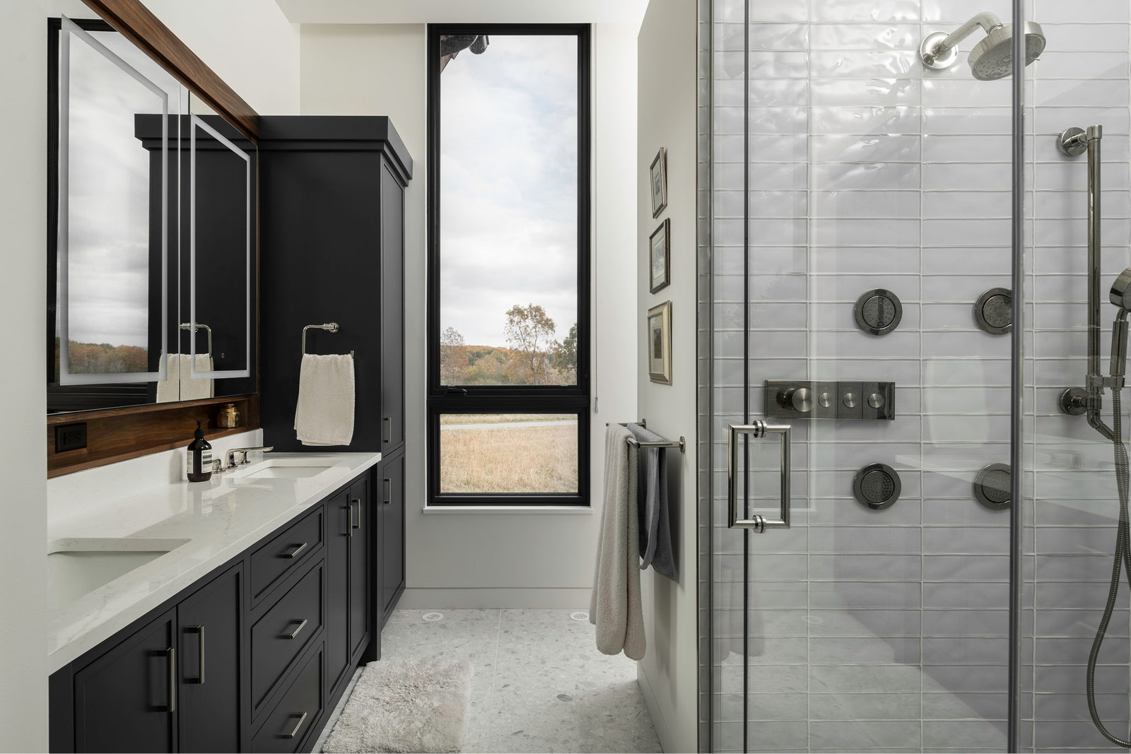 Primary/Master Bathroom with Kohler Walk In Shower, Custom Cabinetry and Custom Window