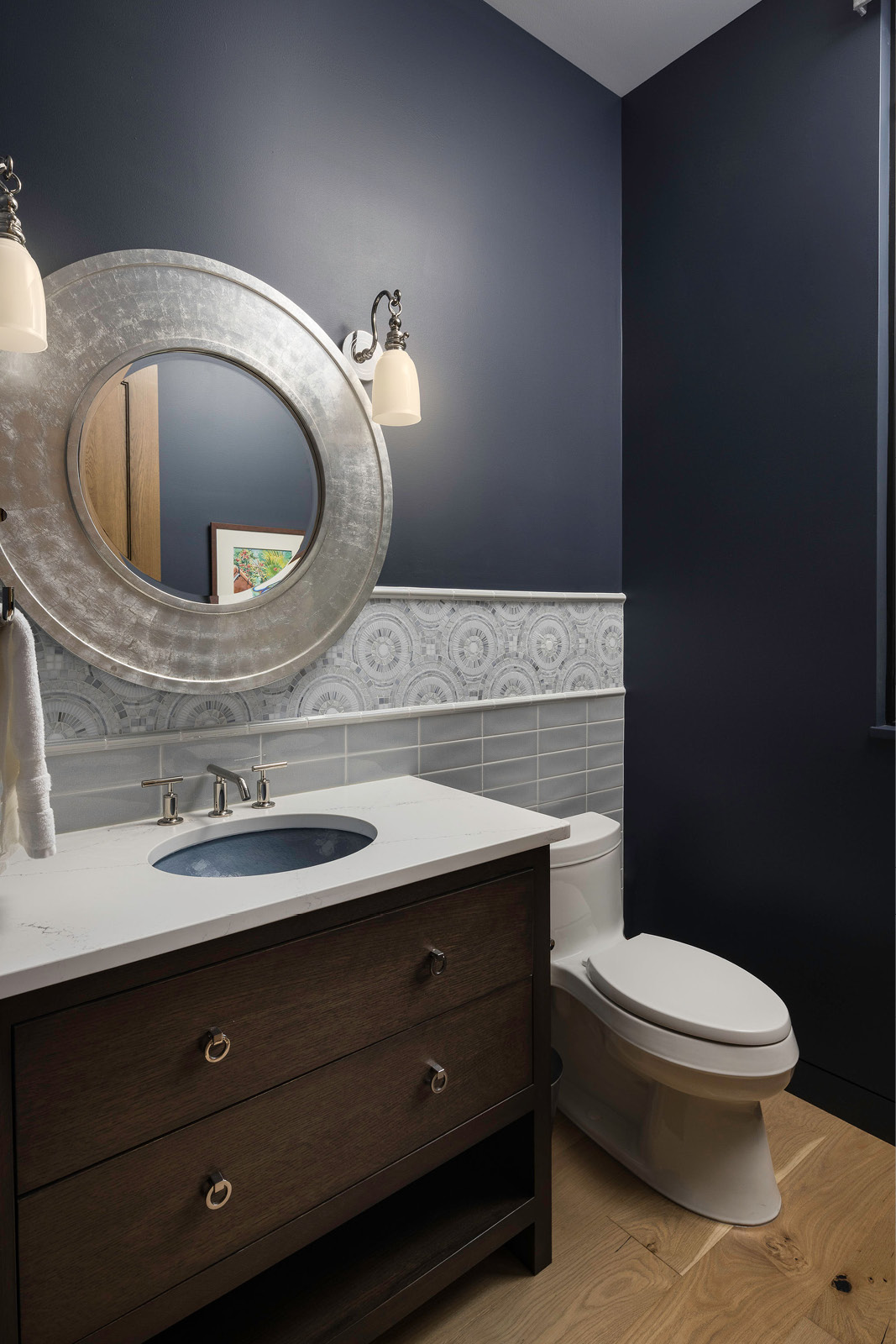 Bathroom Design at Grasshopper Hill with custom cabinetry, tile and interior design finishes