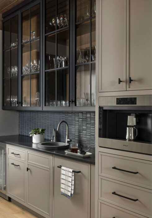 Custom Homes and Remodeling, Custom Wet Bar featuring espresso maker, wine fridge and custom cabinetry