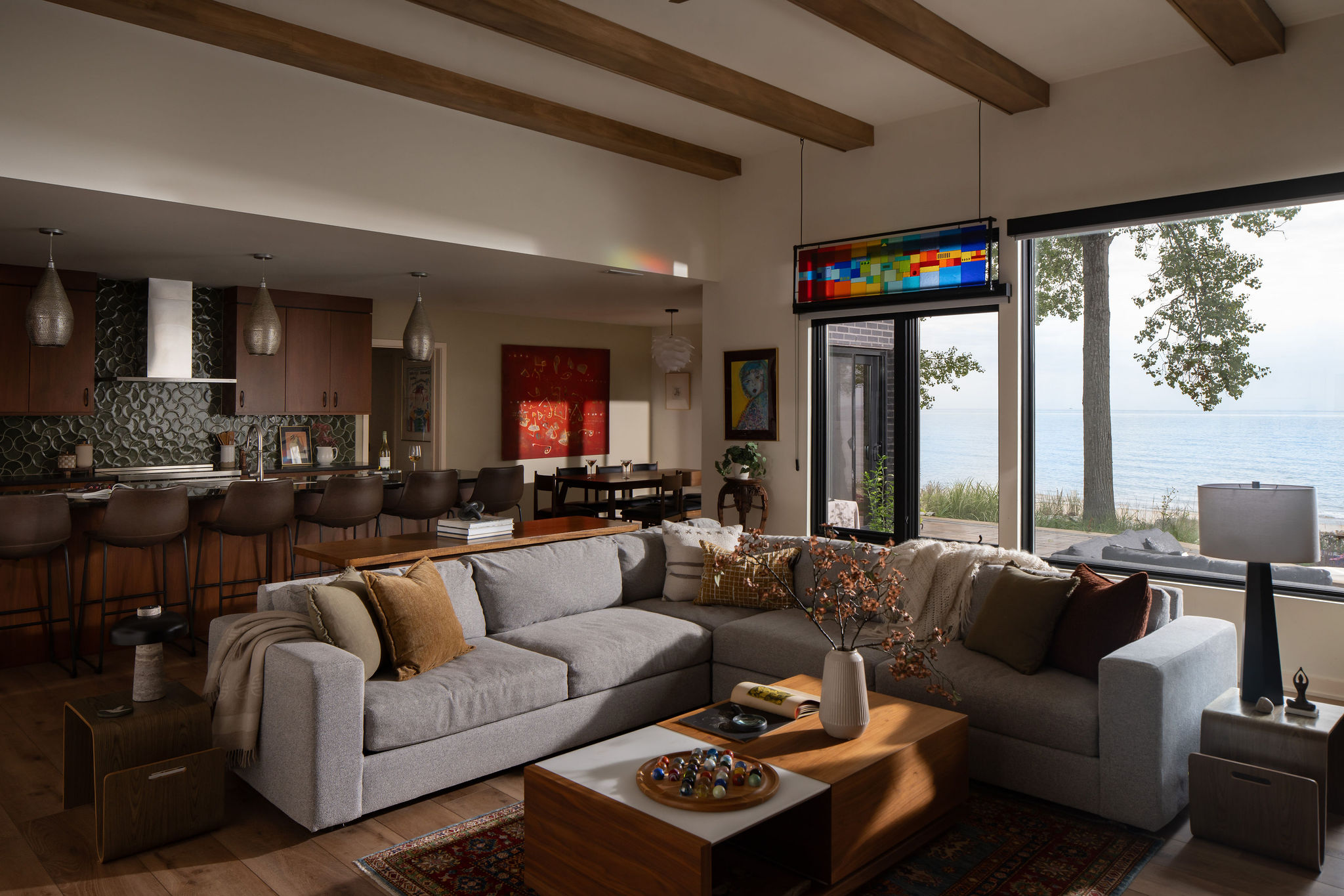 The MCM Lake House – Lake Michigan Living Room Mid-century modern lake house living room overlooking Lake Michigan in Wisconsin