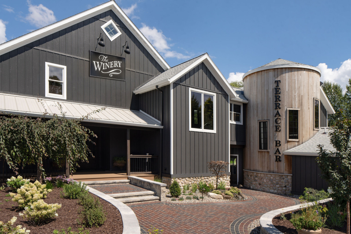 Exterior of The Blind Horse Terrace winery and hospitality addition in Kohler, Wisconsin