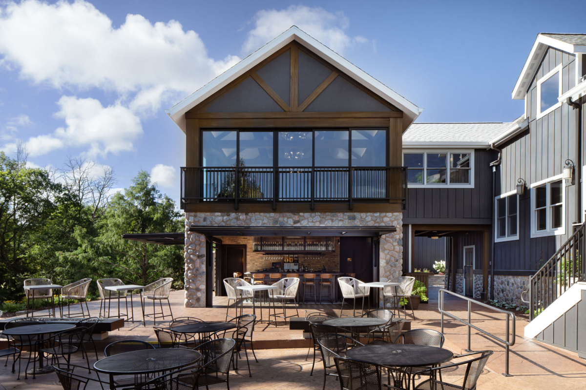 Exterior of The Blind Horse Terrace in Kohler, Wisconsin, featuring two-level winery and bar hospitality design